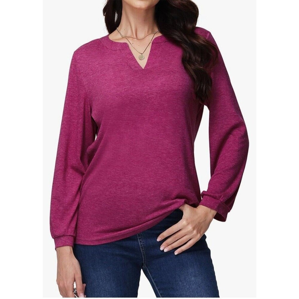 Women's Long Sleeve V Neck Loose Fit Basic Tee Blouse Cream Sz M New